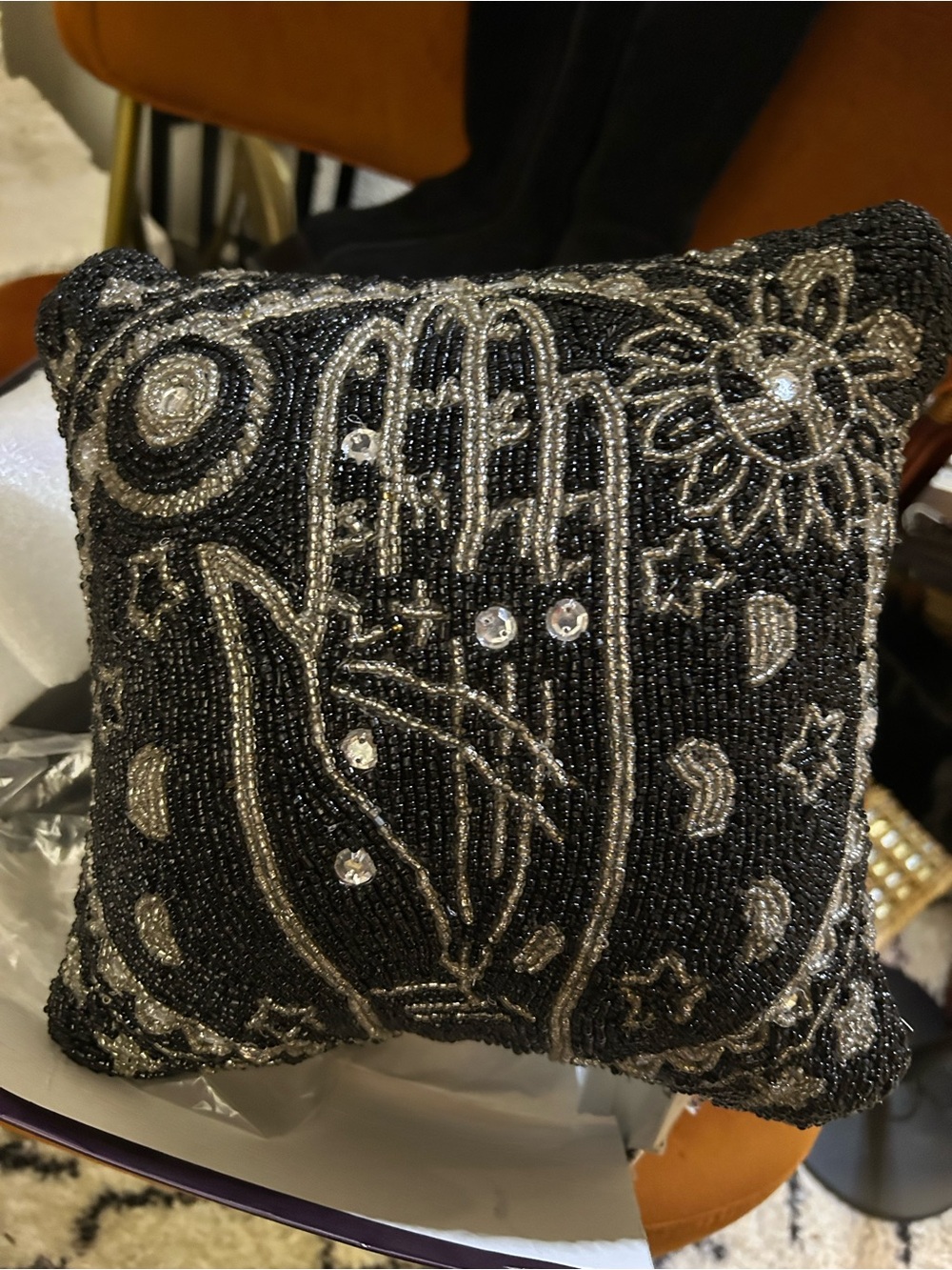 Midnight Spell Hand Tarot Beaded Pillow Sun Moon Stars Halloween Silver & Black.